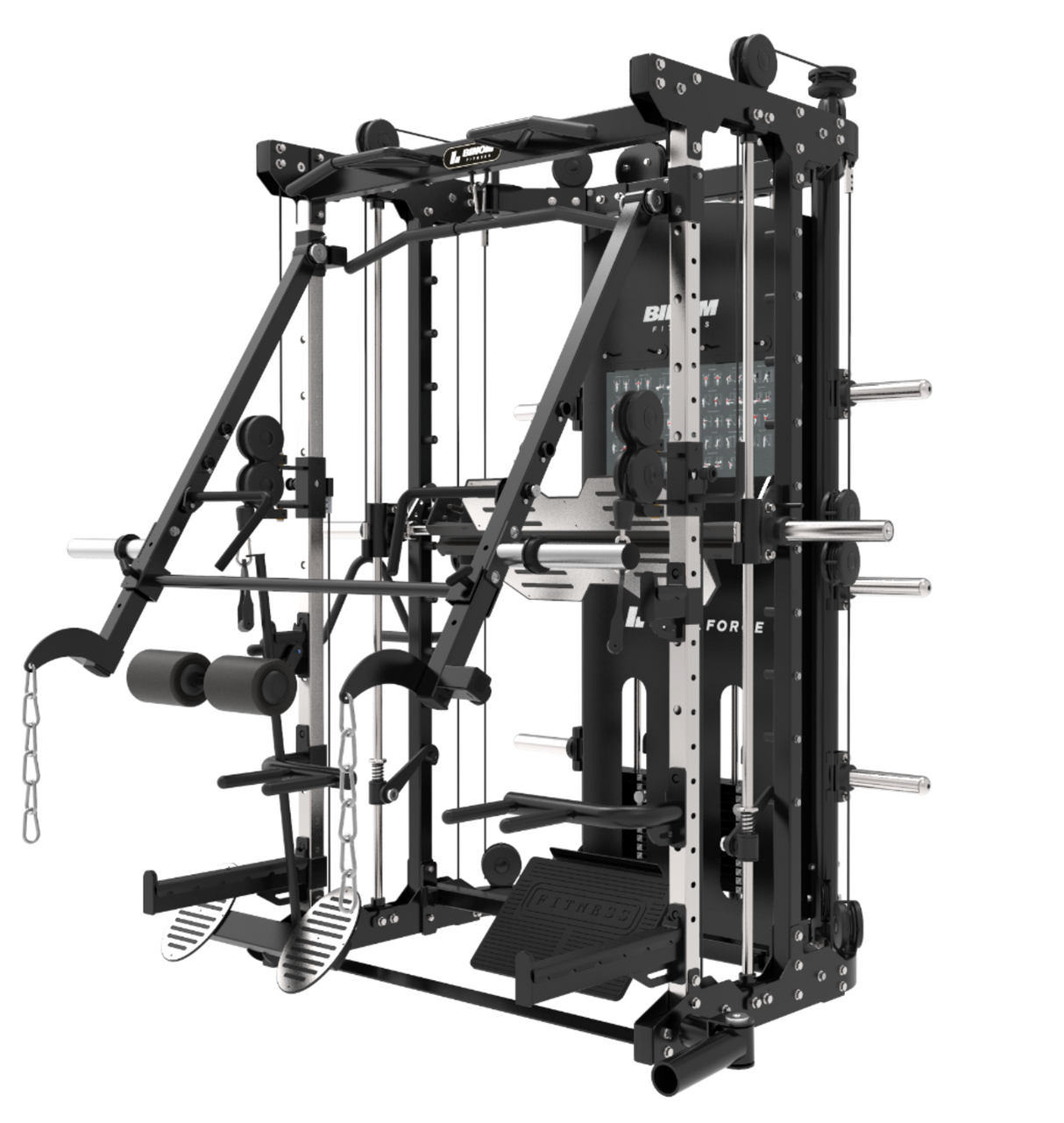 Binom Steel Force B12-V2 Multigimnasio, Brazos Moviles, Doble Polea (100 Kg x2), Power Rack, Press de Piernas, Multipower, Remo y accesorios