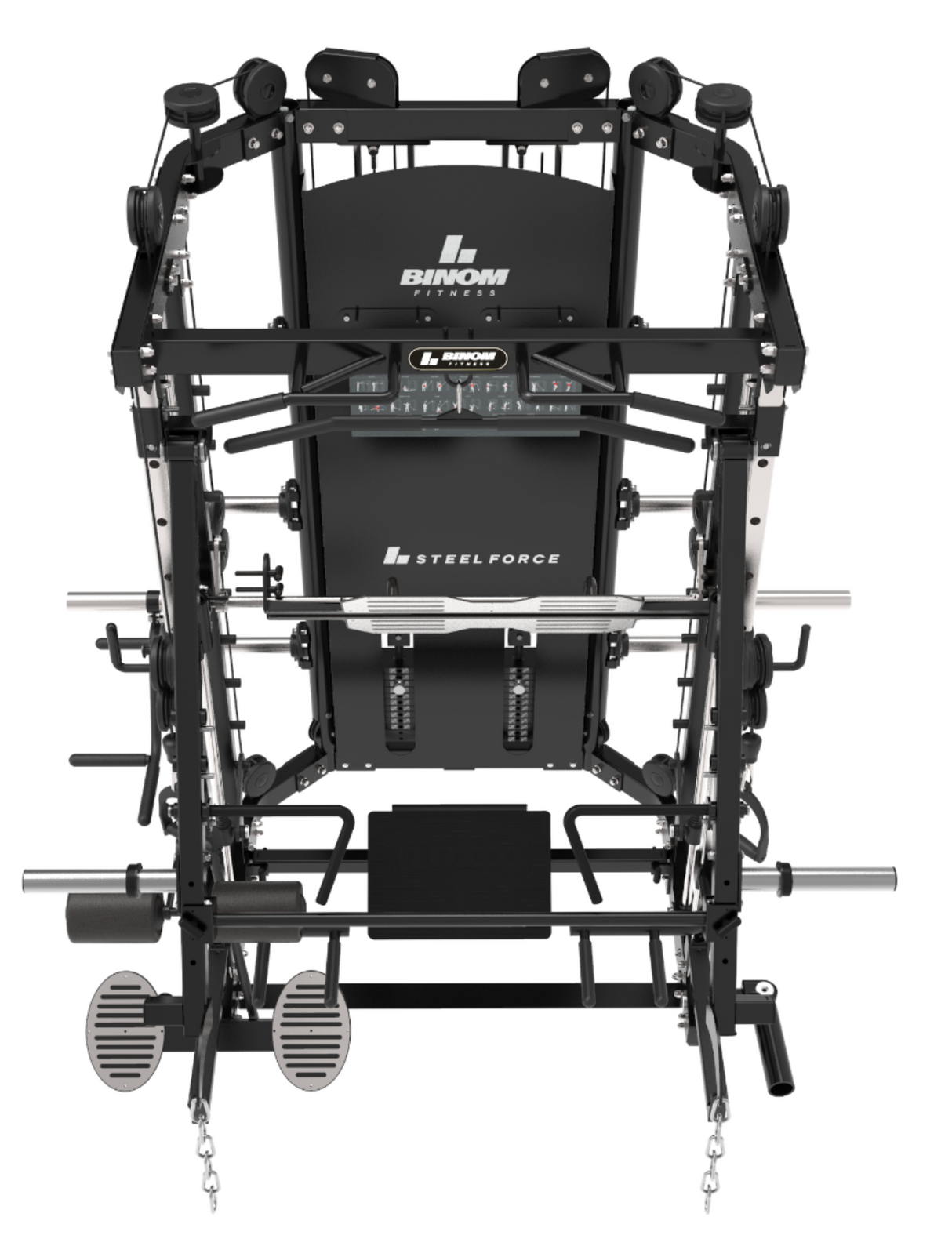 Binom Steel Force B12-V2 Multigimnasio, Brazos Moviles, Doble Polea (100 Kg x2), Power Rack, Press de Piernas, Multipower, Remo y accesorios